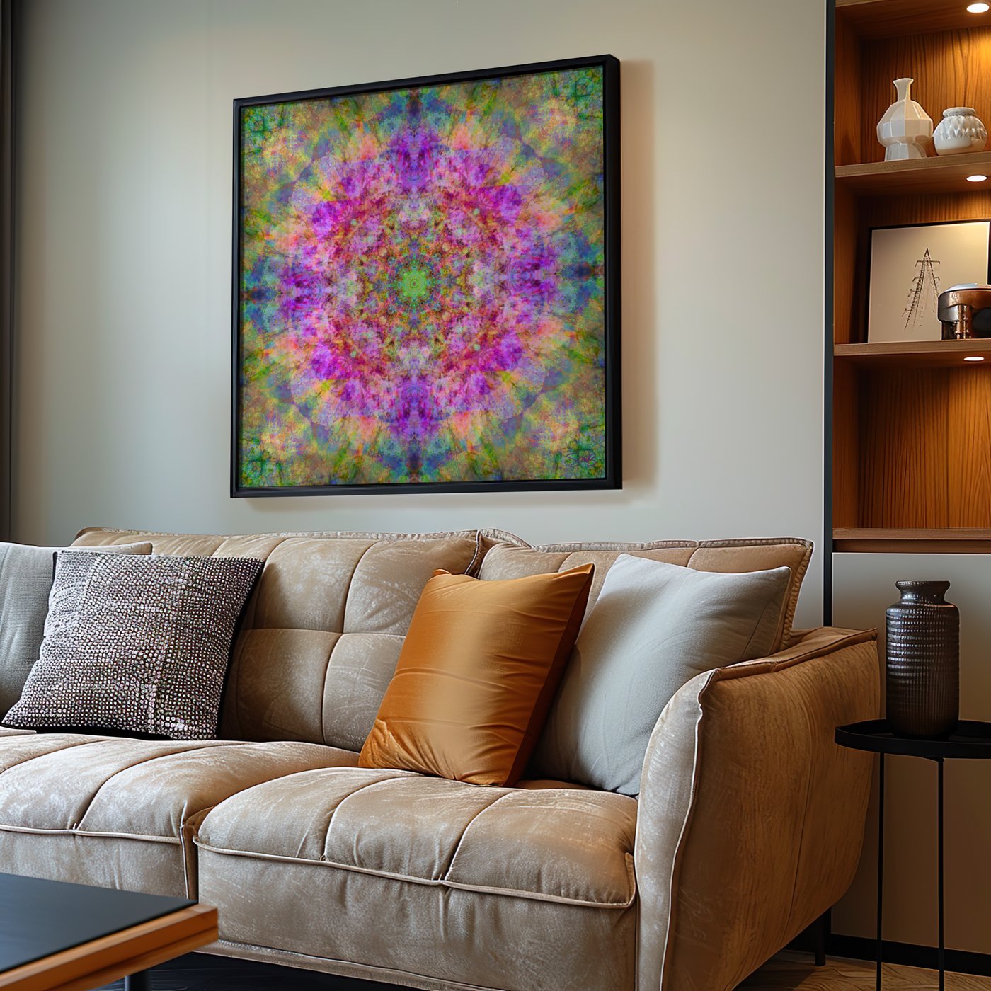 Rainbow Peony Flower of Life mandala print in a room setting