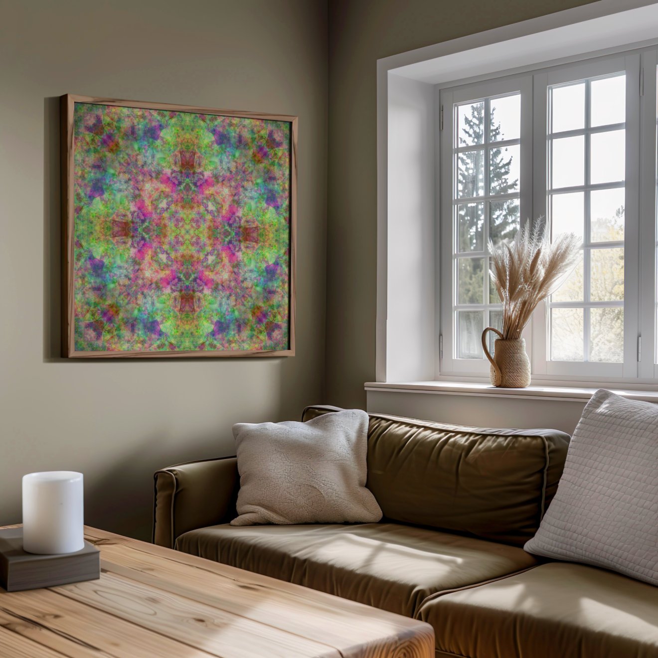 Spring Tulip Sun mandala art print in a room setting