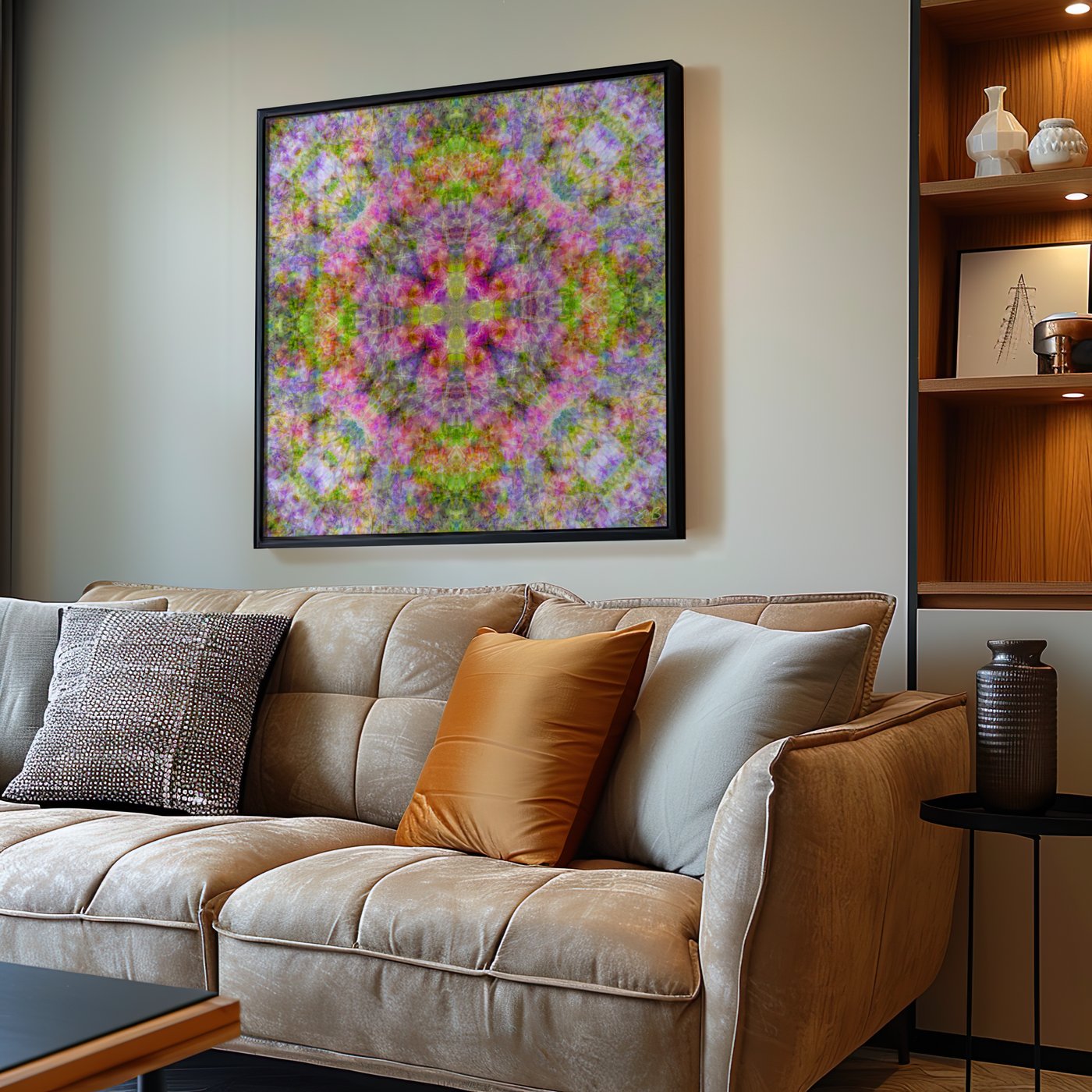 Violets and Tulips mandala fine art print in a room setting